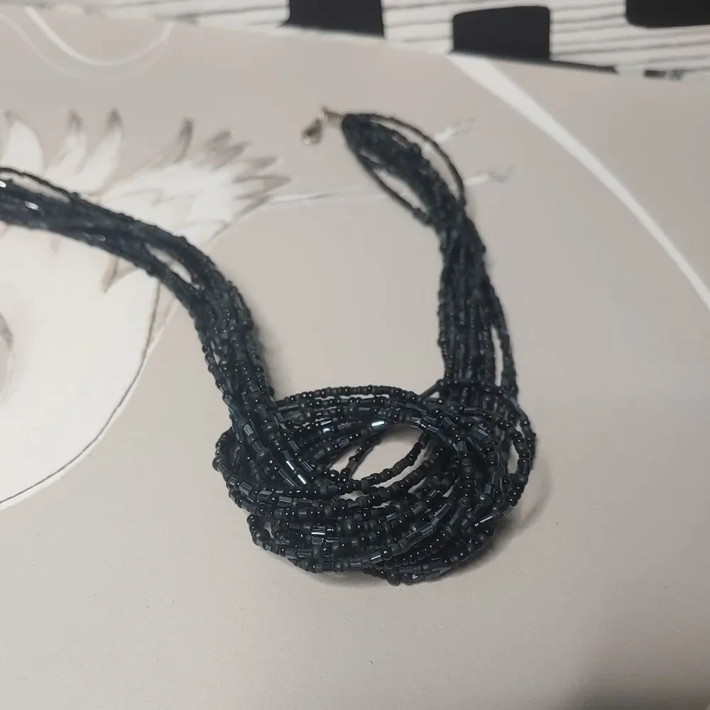 Knotted Multistrand Black Beaded Necklace